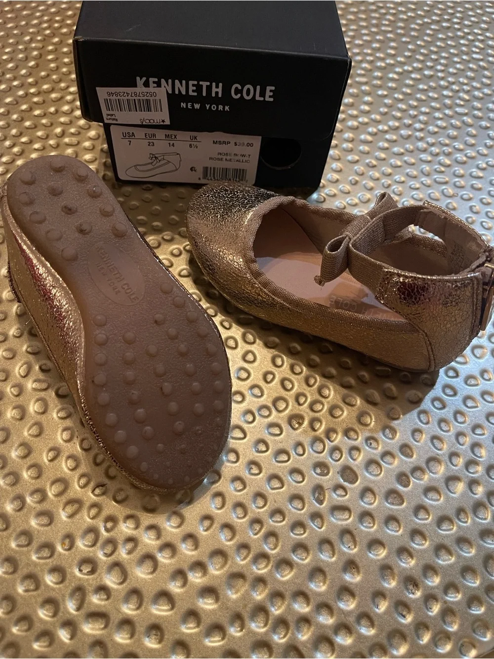 Kenneth Cole New York Girls Metallic Rose Gold Bow Mary Jane Flats